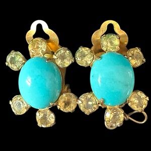 Vintage Bounkit Citrine & Turquoise Clip On Earrings